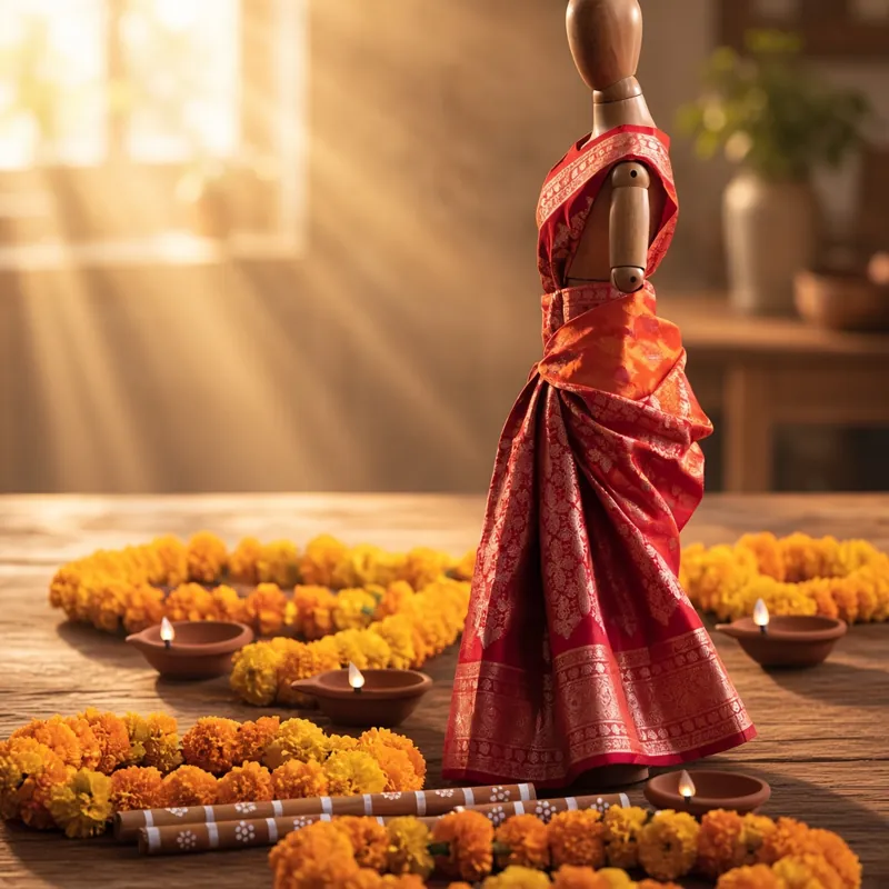 The same saree moved onto a wooden table in morning light by Edit