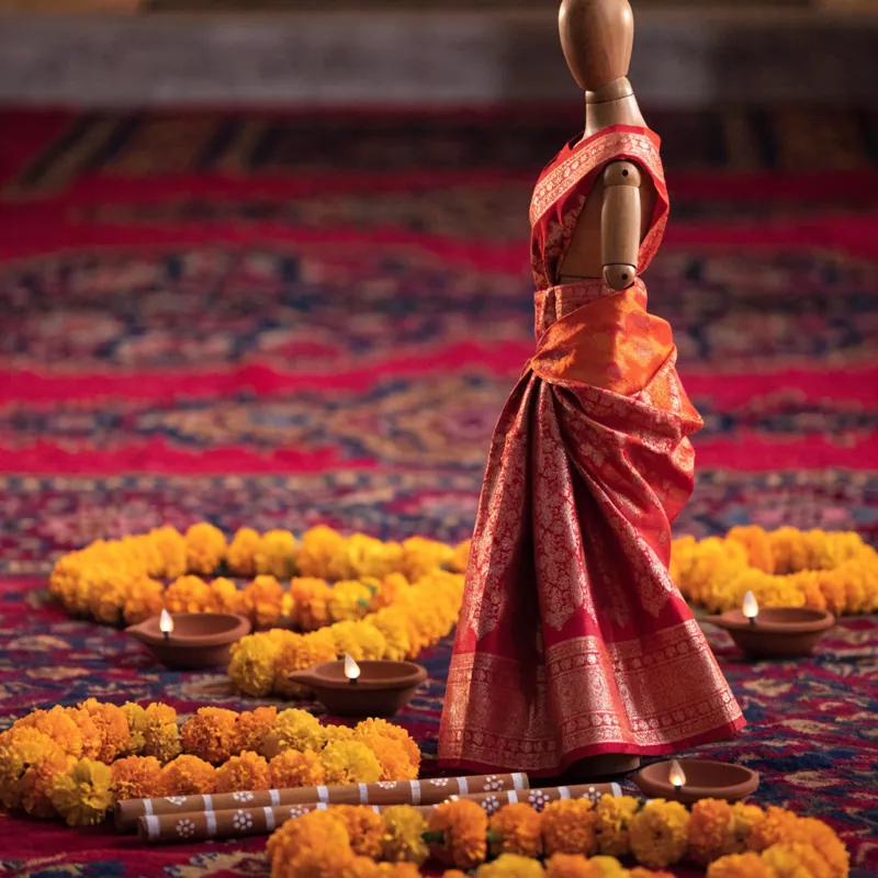 A red silk saree on a stand among marigolds and diyas, made by Quick